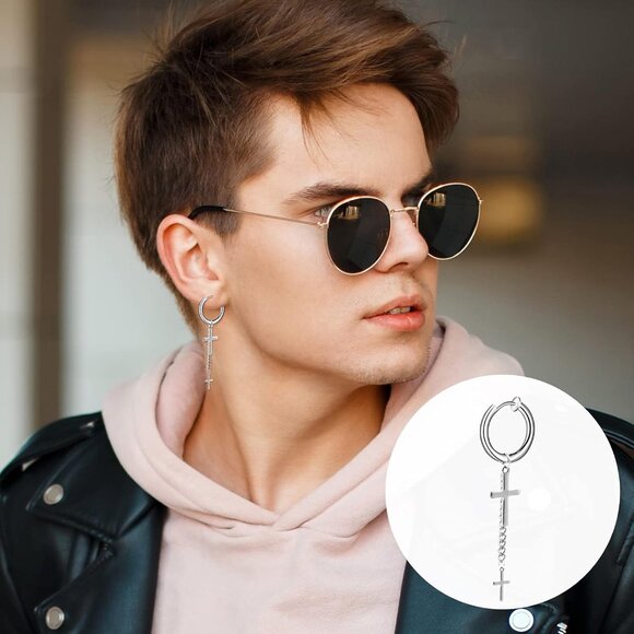 20 Pcs Silver Stainless Steel Non-Piercing Dangle Hoop Earrings for Men, Gift Bo - Picture 4 of 7